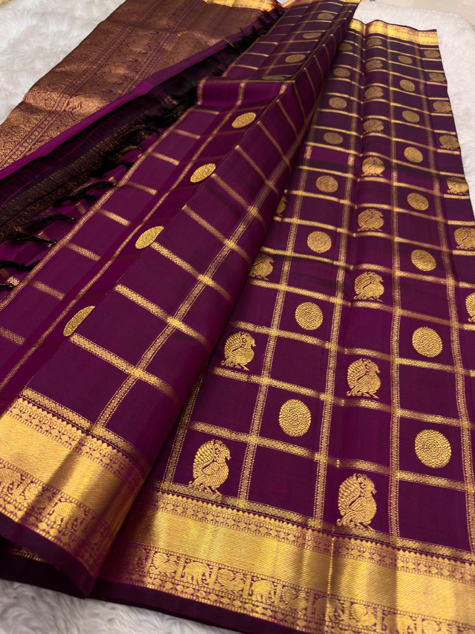 Pure Kanchipuram Handloom Bridal Silk Saree with Zari Beldari Checks